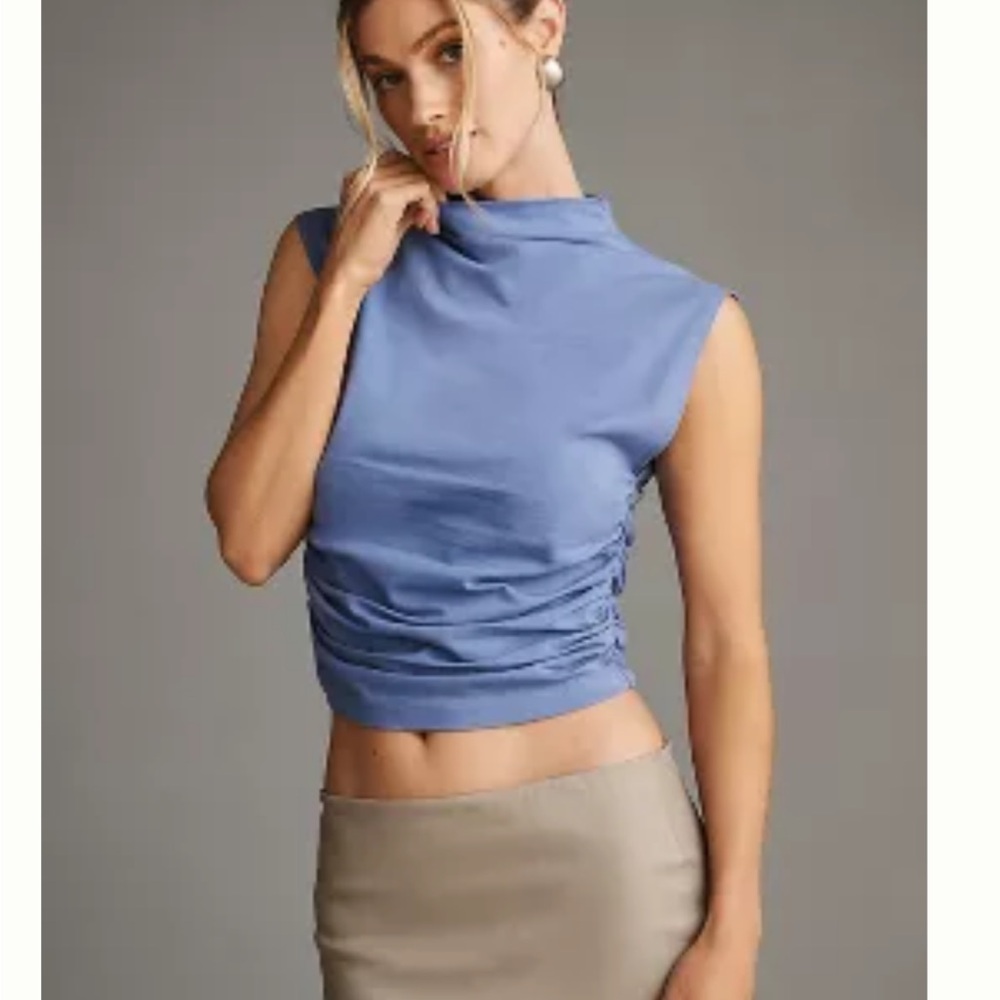 Maeve Periwinkle Sleeveless Mock-Neck Ruched Crop Top